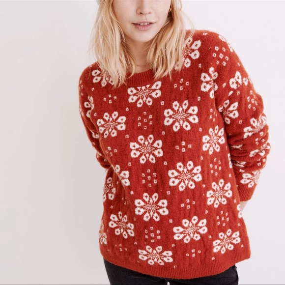 Madewell Althen Patterned Pullover Sweater Antique Cream Orange Large - Picture 2 of 9